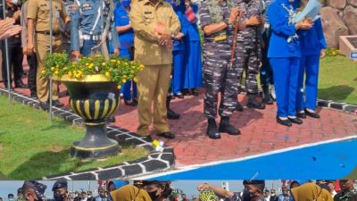 Danlantamal IV Kunker Ke Karimun, Danlanal TBK Sambut Dengan Pengalungan Bunga